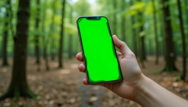 mobile phone in hand with green screen on forest background