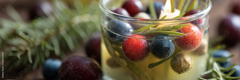 Poster close-up of decorative candle with herbs and assorted berries in a natural setting generative ai