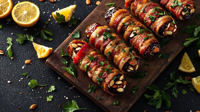 Sweet savory bacon wrapped dates stuffed with almonds resting on a wooden board surrounded by scattered herbs and citrus wedges