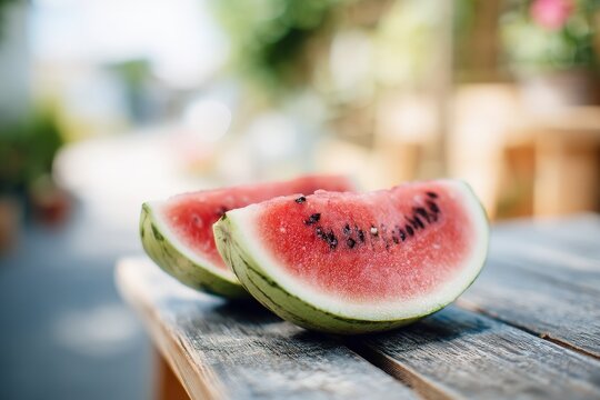 Juicy watermelon slices on a rustic table.