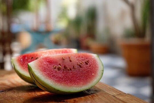 Juicy watermelon slices on a sunny wooden table. - Powered by Adobe