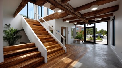 Modern interior lobby with wooden staircase and large glass windows in contemporary building design