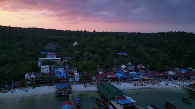 9.3.25 Koh Rong KHM, sunset island village. Stunning aerial view flight drone