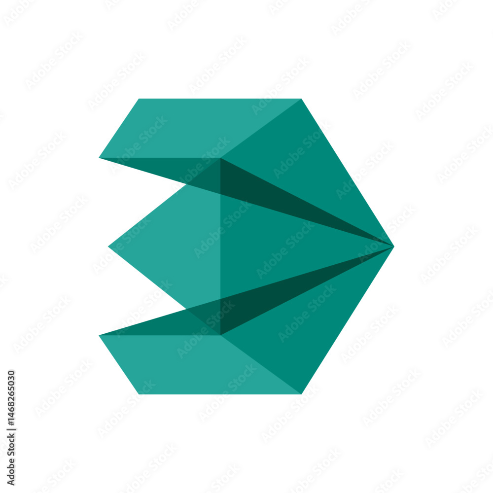 Poster an abstract teal geometric shape with overlapping triangular and hexagonal facets on a white backgro