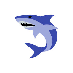 Illustration of a cartoon shark with sharp teeth and an angry expression in shades of blue and light purple