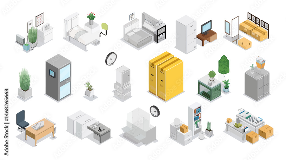 Poster office relocation isometric set simple vector on white background -