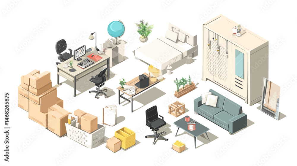 Poster office relocation isometric set simple vector on white background -