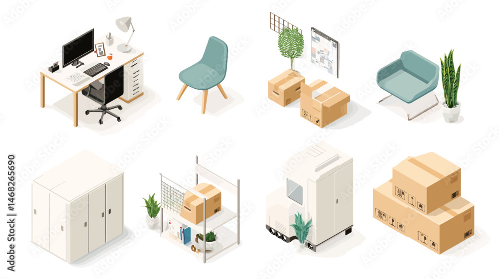Poster office relocation isometric set simple vector on white background -