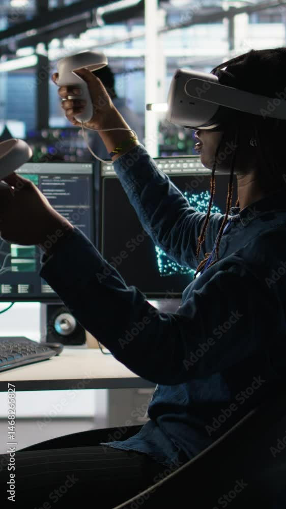 Poster vertical video server farm admin using vr equipment and node tree systems to categorize unstructured