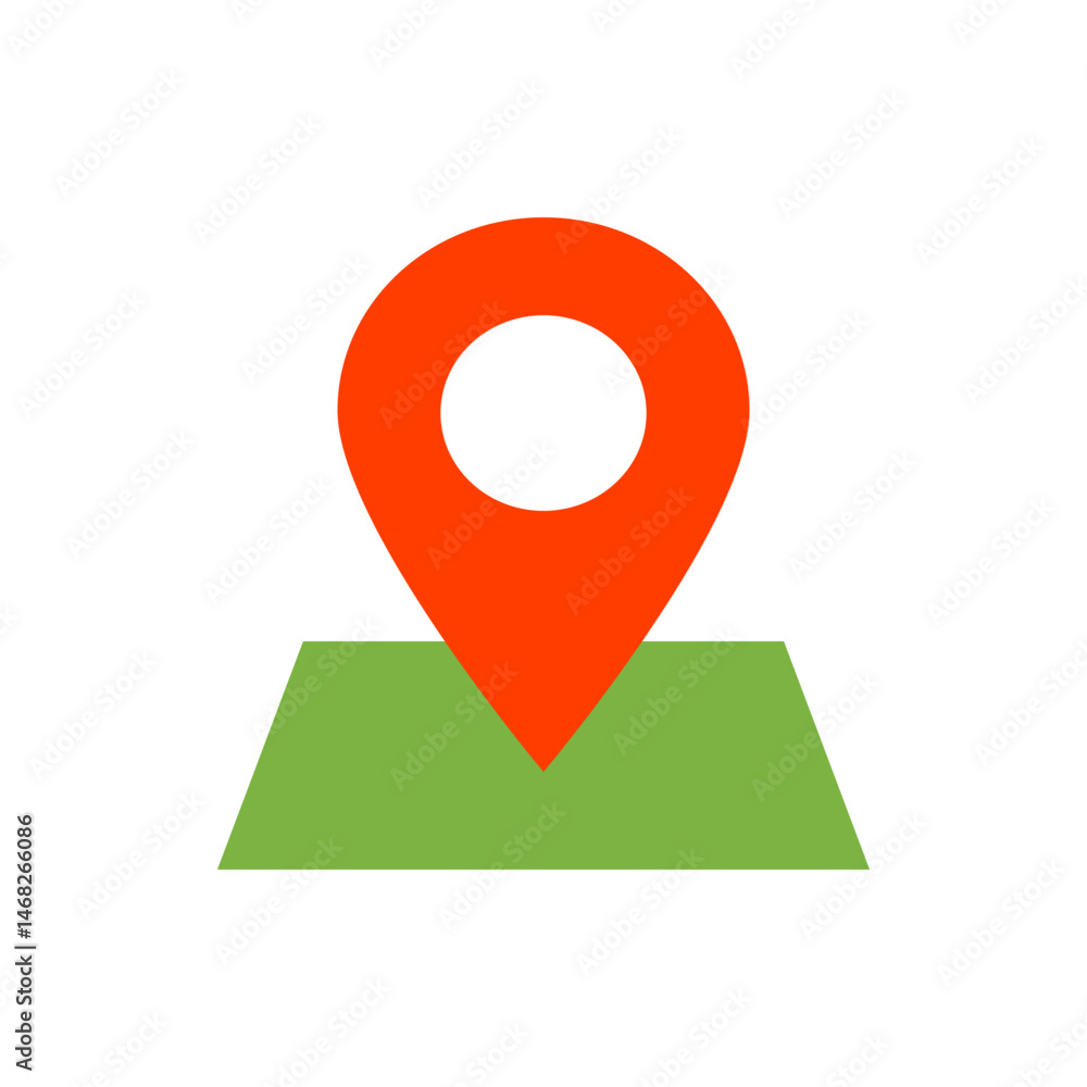 Poster orange location pin icon over a green map area indicating a specific point or destination on the map