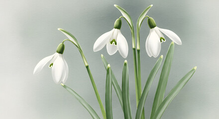 Snowdrop flowers blooming, floral illustration for spring themes, nature designs, greeting cards, and backgrounds