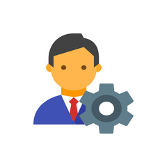 Illustration of a man in a suit with a red tie standing next to a gray gear icon on a white background