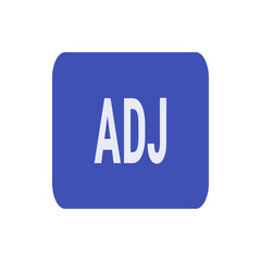 A blue rectangle with rounded corners displaying the letters adj in white against the blue background color