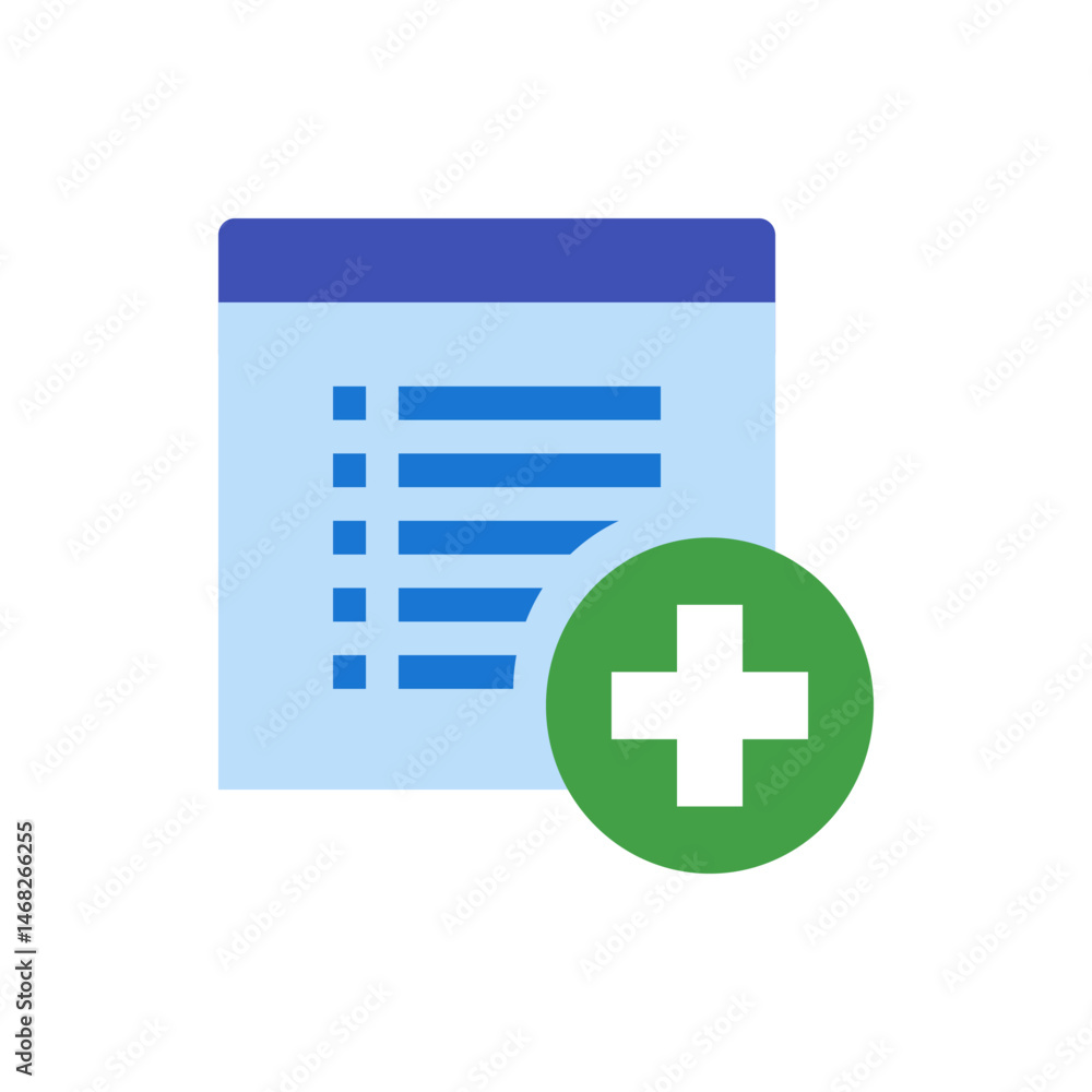 Poster illustration of a document with list items and a green plus sign on the bottom right corner of the p