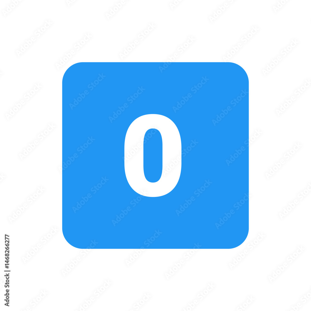 Poster illustration of a white number zero centered on a blue rounded square with a white background shade 