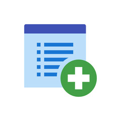 Illustration of a document with list items and a green plus sign on the bottom right corner of the page