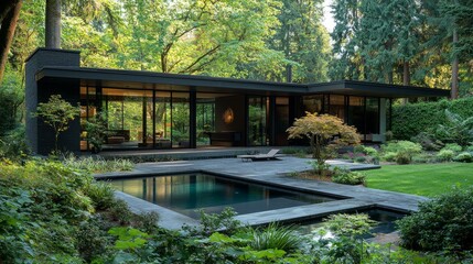 Modern Black House Surrounded by Lush Green Trees and Garden