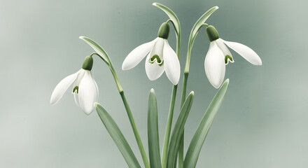 Fototapeta premium Snowdrop flowers white blooms with green stems botanical illustration perfect for spring themes, greeting cards, and web design