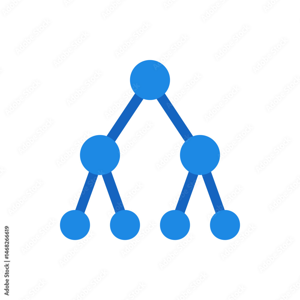 Poster illustration of a binary tree structure with nodes and branches in blue against white background vie