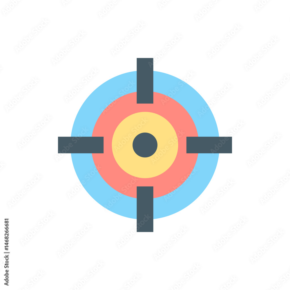 Poster a target with concentric circles in blue red and yellow and gray crosshairs on a white background im