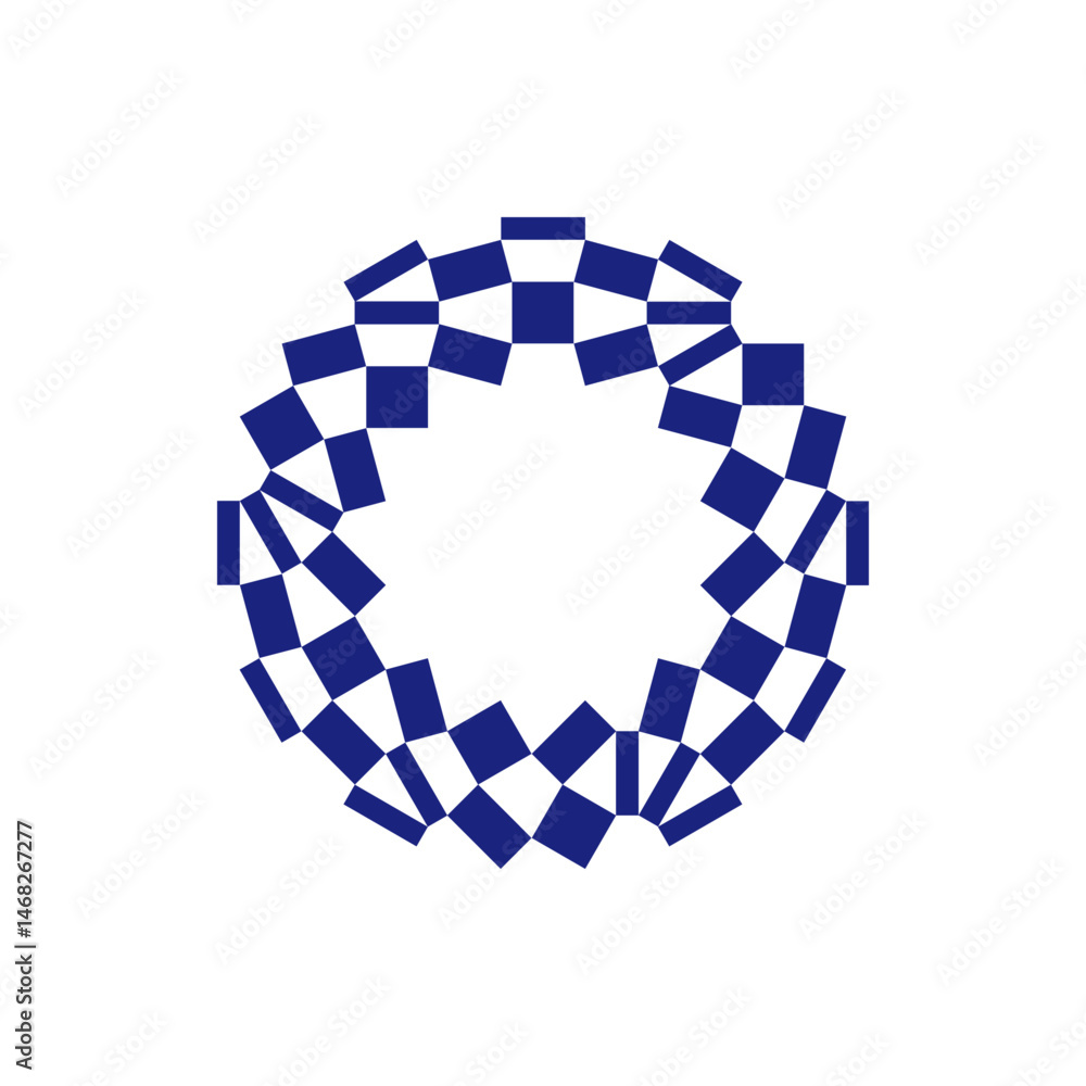 Poster Geometric pattern of blue and white squares arranged in a circular shape with a central open space design