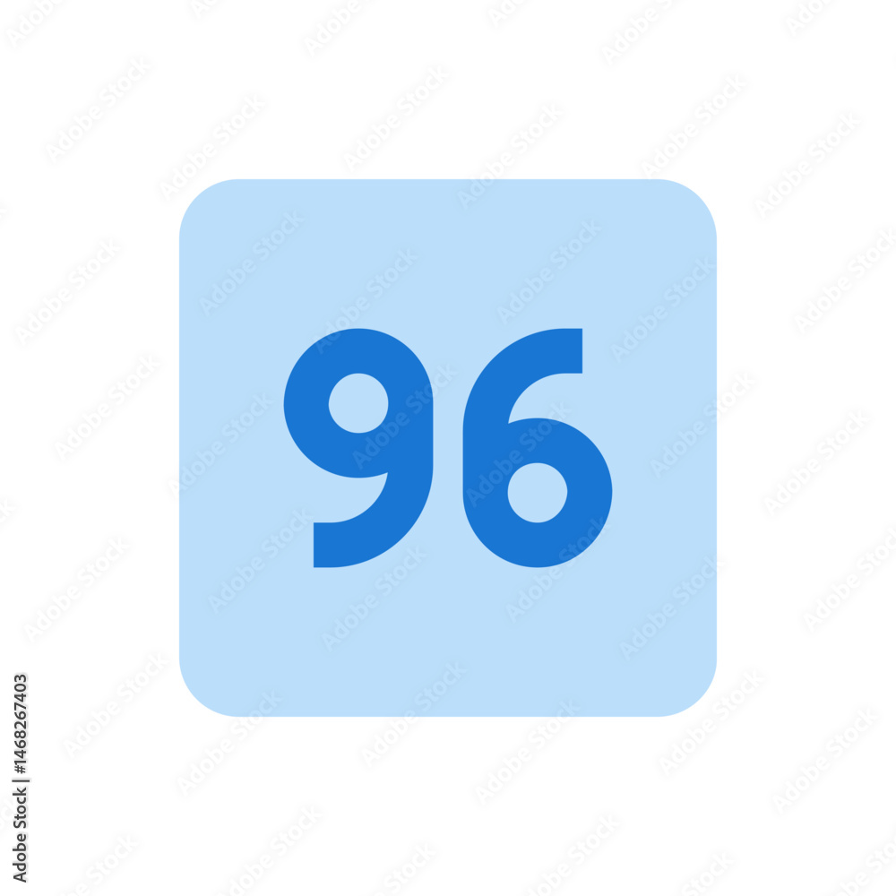 Poster a pale blue rounded square containing the number ninety six in a bold dark blue font centered in the