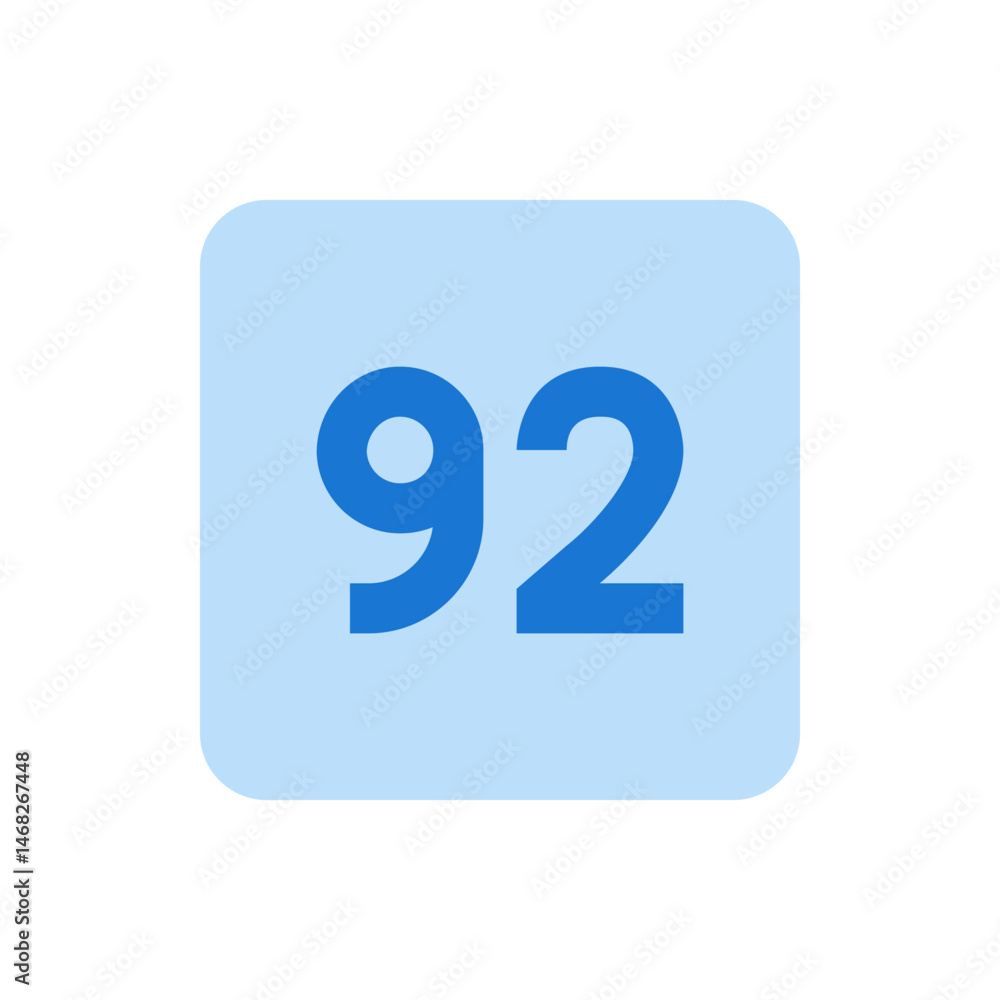 Poster the image shows the number ninety two in blue color on a light blue rounded square background in a s