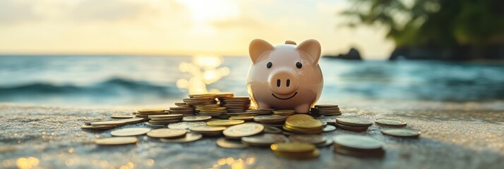 Summer Savings: Piggy Bank and Stacked Coins Against a Bright Outdoor Horizon