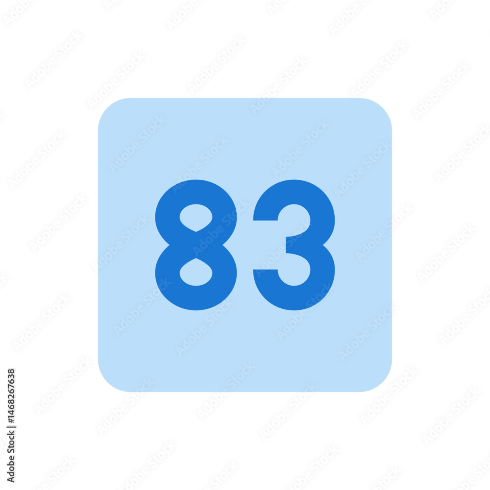 Poster illustration of the number eighty three in blue on a light blue rounded square background centered v
