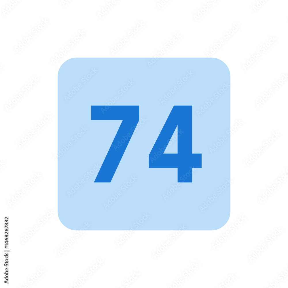 Poster the image shows the number seventy four in a bold blue font on a rounded light blue square backgroun