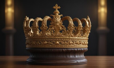 Fototapeta premium Ornate crown of gold, atop a finely carved, dark wood pedestal , kingdom, display, luxury