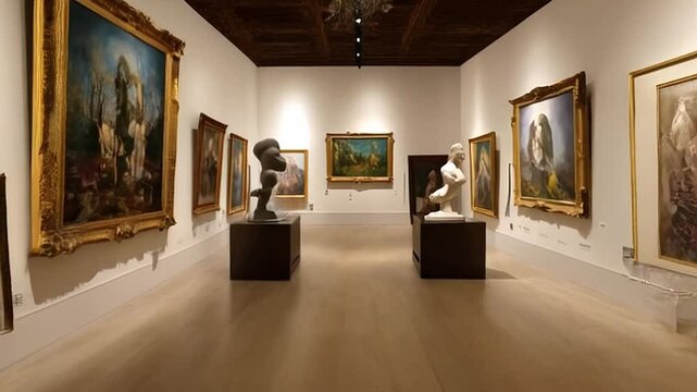 View of Art Museum Gallery Featuring Classic Paintings in Gold Frames and Sculptures on Stands with Warm Spotlights and Hardwood Floors