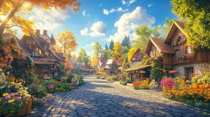 Fototapeta premium Autumn Village Street Scene, Sunny Day, Ideal for Background, Stock Photo