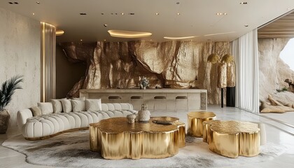 Fototapeta premium Luxurious, gold-toned interior design concept of a modern living area.