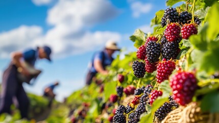 Close-up view of ripe blackberries with blurred farm workers.