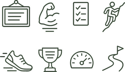 Fitness and exercise outline icons set – health, workout, and sport symbols