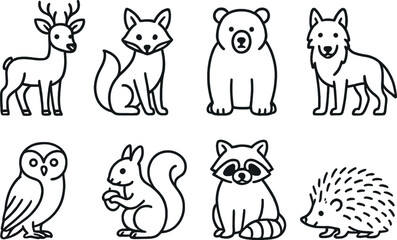 Woodland animals outline icons set – nature, wildlife, forest creatures
