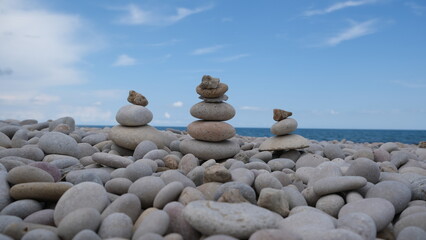 Pyramid of sea pebbles. Life balance and harmony concept.