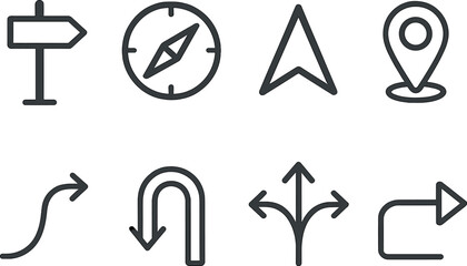 Navigation line icons set – outline, pathfinding, location and direction symbols