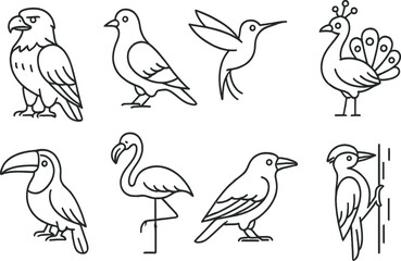 Obraz premium Bird silhouette icons set – elegant, outline, avian and wildlife symbol collection
