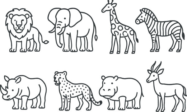 Wild animals outline icons set – linear, wildlife, fauna symbol pack for nature projects