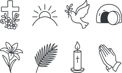 Easter and christian symbols line icons set – outline, religious, faith-themed collection