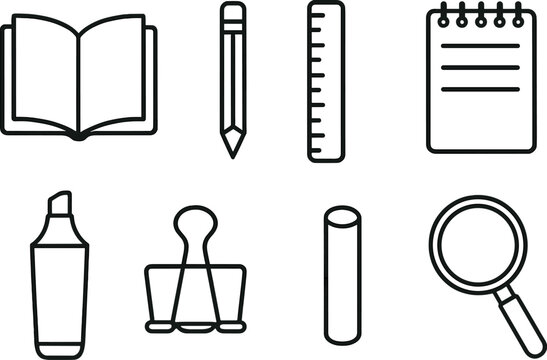 Office and stationery line icons set – outline, linear, workspace essentials collection