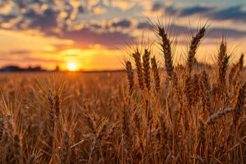 Naklejka premium A stunning sunset casts a warm glow over a field of ripening wheat, highlighting the delicate grains and fostering a sense of tranquility in nature?s beauty.
