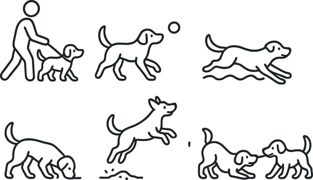Dog training and play outline icons set – line, silhouette, pet care and activity symbols