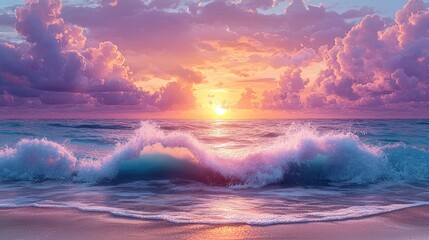 Fototapeta premium Stunning sunset over a beach with vibrant waves.