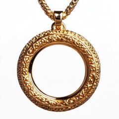 Opulent gold circular pendant necklace with intricate decorative patterns and designs reflecting a luxurious and elegant style  The shiny
