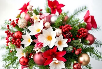 bouquet of flowers and christmas decorations on a table