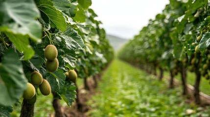 Green kiwi fruit orchard rows stretching into the distance.