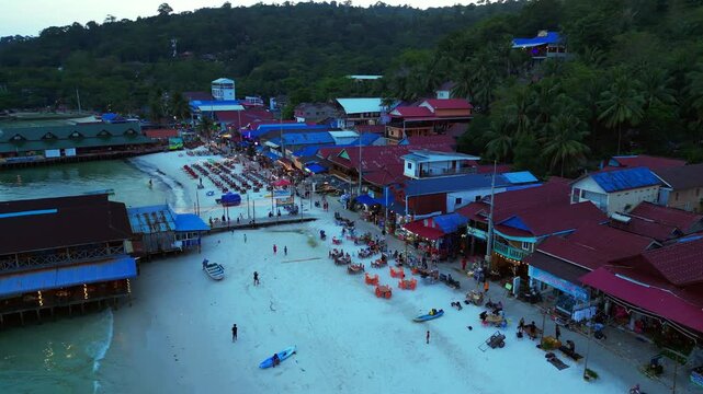 9.3.25 Koh Touch khm, beach restaurants night. Stunning aerial view flight drone